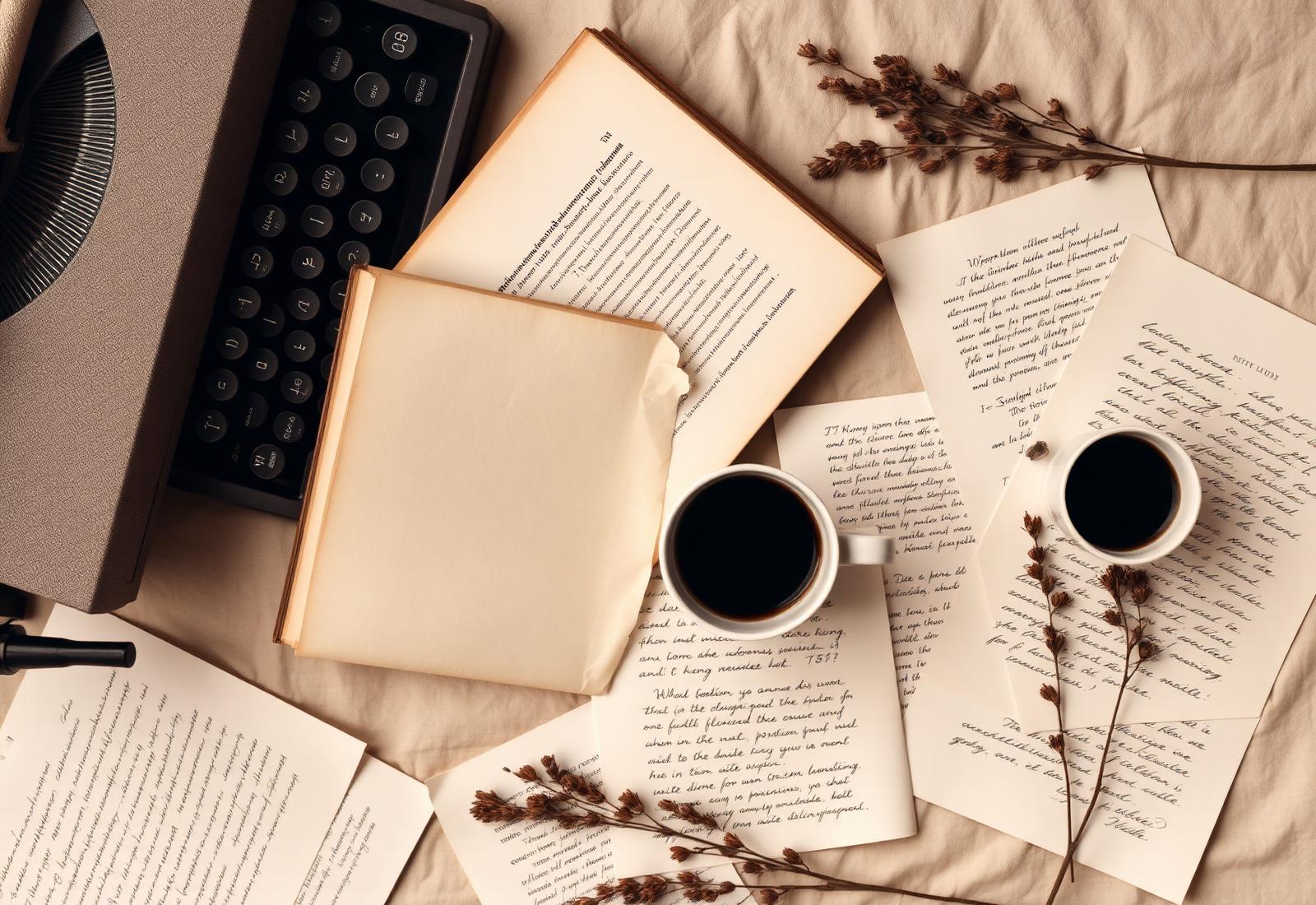 Editorial flat lay with typewriter, manuscript pages, coffee, and dried botanicals