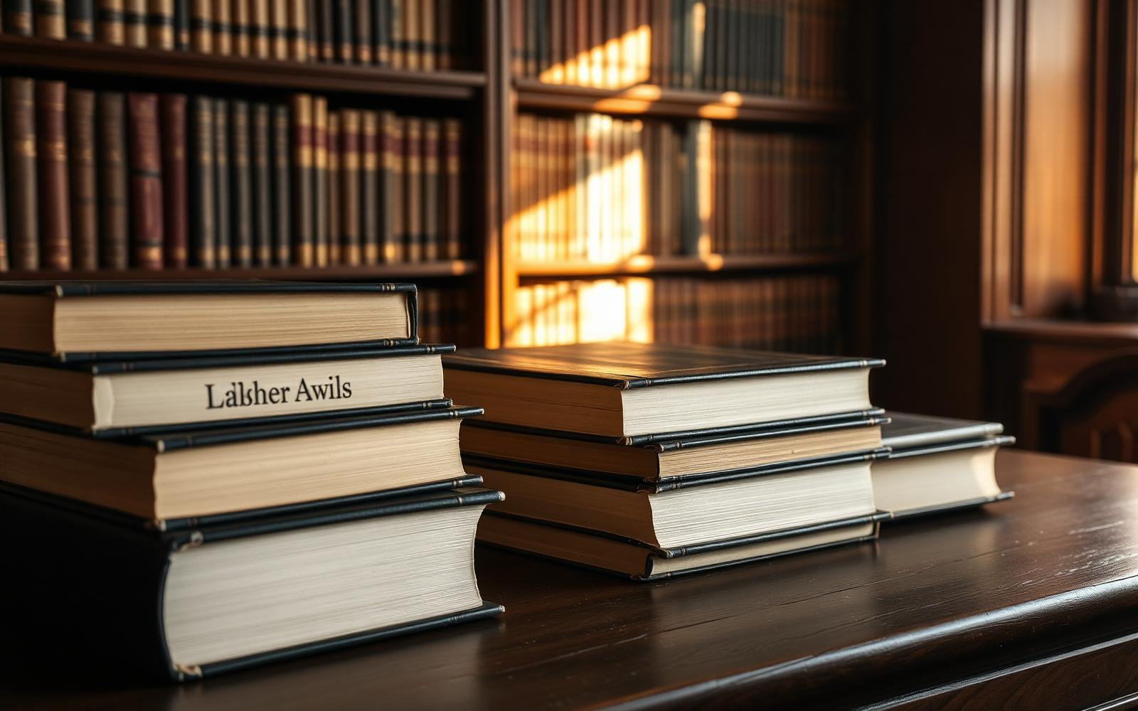 Stacked hardcover books in a sunlit library