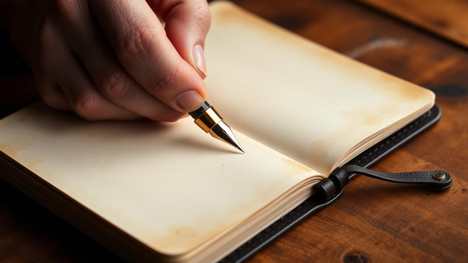 Hand writing in a leather notebook with a gold-nibbed fountain pen